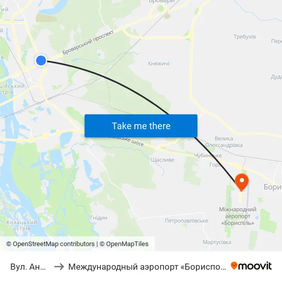 Вул. Андрія Малишка to Международный аэропорт «Борисполь» (KBP) (Міжнародний аеропорт «Бориспіль») map