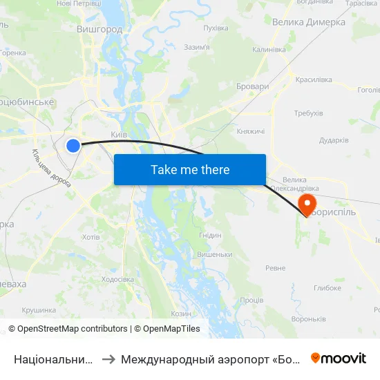 Національний Авіаційний Університет to Международный аэропорт «Борисполь» (KBP) (Міжнародний аеропорт «Бориспіль») map