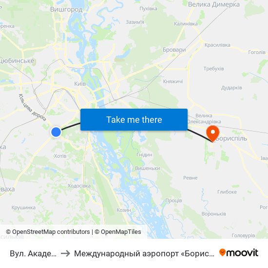 Вул. Академіка Заболотного to Международный аэропорт «Борисполь» (KBP) (Міжнародний аеропорт «Бориспіль») map