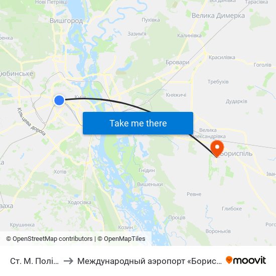 Ст. М. Політехнічний Інститут to Международный аэропорт «Борисполь» (KBP) (Міжнародний аеропорт «Бориспіль») map