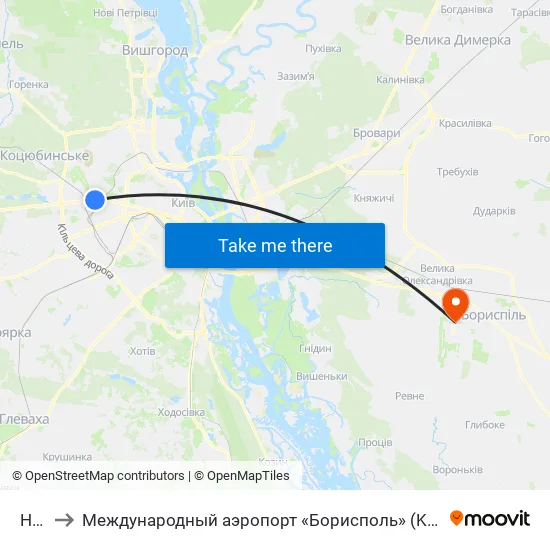 Нивки to Международный аэропорт «Борисполь» (KBP) (Міжнародний аеропорт «Бориспіль») map