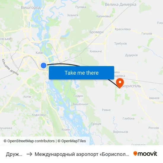 Дружби Народів to Международный аэропорт «Борисполь» (KBP) (Міжнародний аеропорт «Бориспіль») map