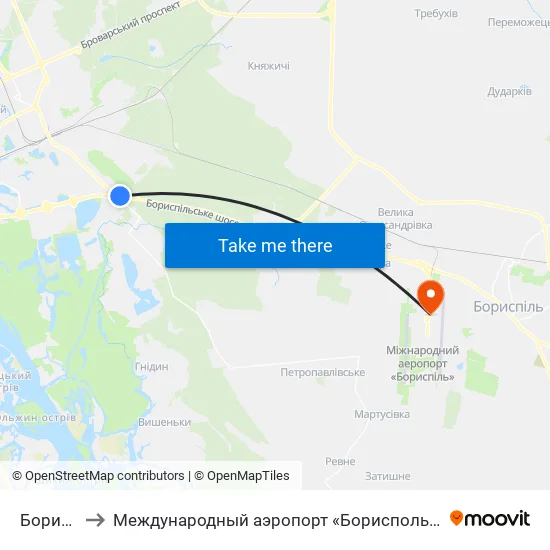 Бориспільська to Международный аэропорт «Борисполь» (KBP) (Міжнародний аеропорт «Бориспіль») map
