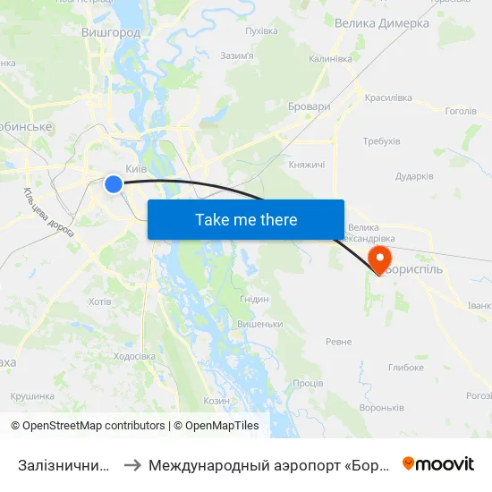 Залізничний Вокзал Центральний to Международный аэропорт «Борисполь» (KBP) (Міжнародний аеропорт «Бориспіль») map