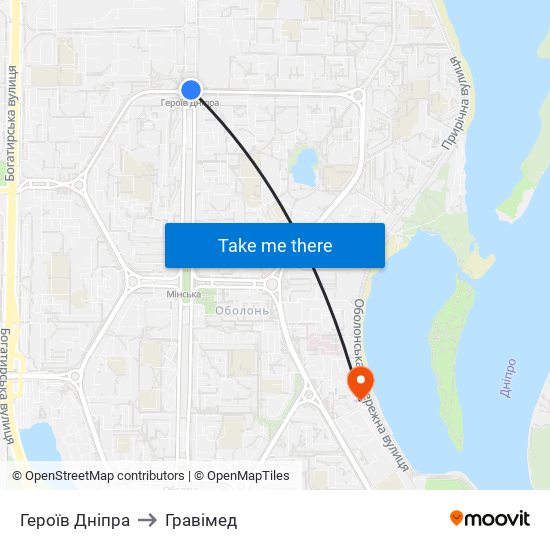 Героїв Дніпра to Гравімед map