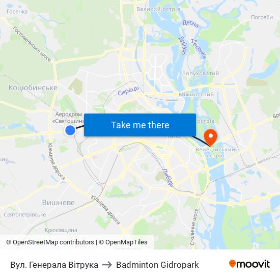 Вул. Генерала Вітрука to Badminton Gidropark map