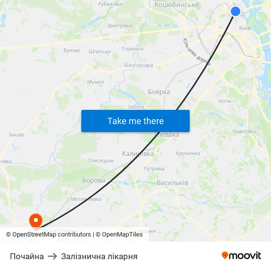 Почайна to Залізнична лікарня map
