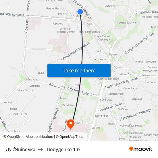 Лук'Янівська to Шолуденко 1 б map