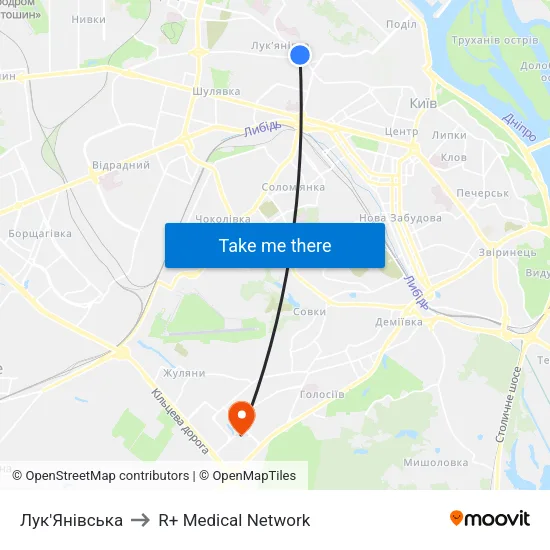 Лук'Янівська to R+ Medical Network map
