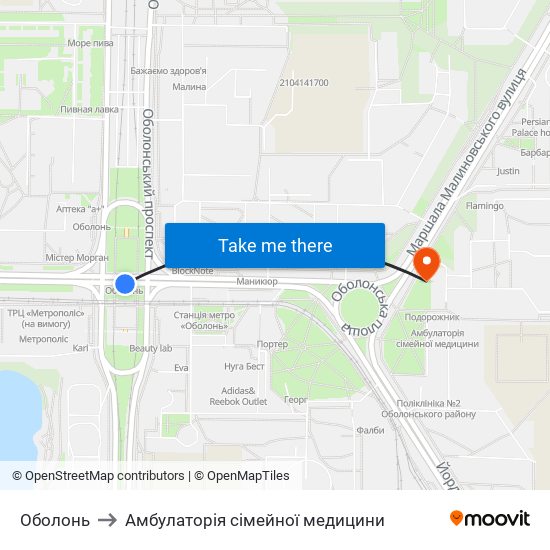 Оболонь to Амбулаторія сімейної медицини map