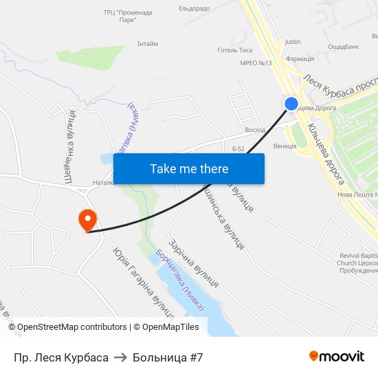 Пр. Леся Курбаса to Больница #7 map