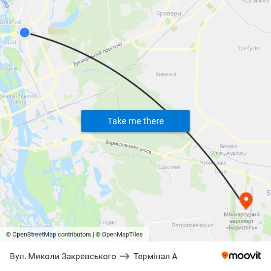 Вул. Миколи Закревського to Термінал A map