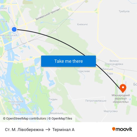 Ст. М. Лівобережна to Термінал A map