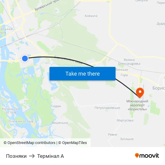 Позняки to Термінал A map