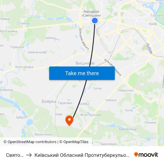 Святошин to Київський Обласний Протитуберкульозний Диспансер map