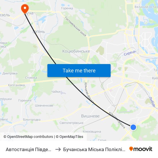 Автостанція Південна to Бучанська Міська Поліклініка map