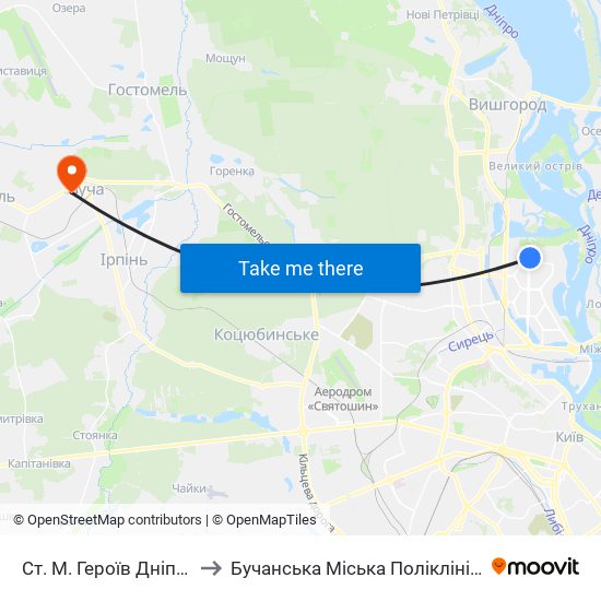 Ст. М. Героїв Дніпра to Бучанська Міська Поліклініка map