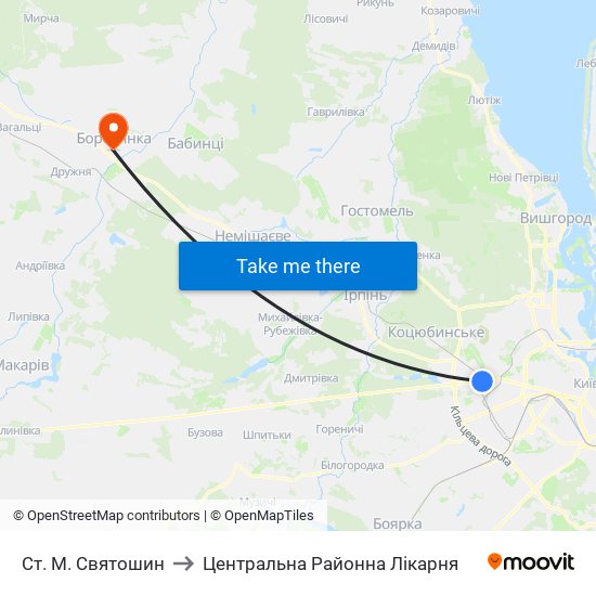 Ст. М. Святошин to Центральна Районна Лікарня map