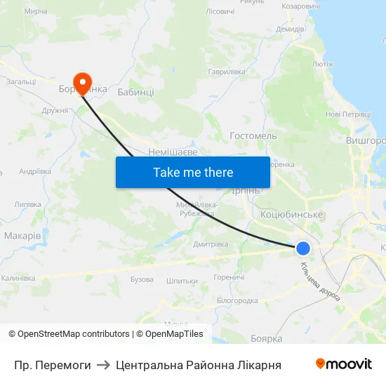 Пр. Перемоги to Центральна Районна Лікарня map