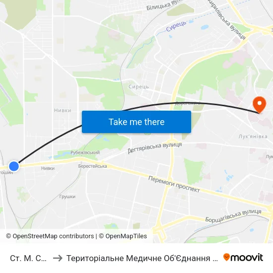 Ст. М. Святошин to Територіальне Медичне Об'Єднання Мвс України По Місту Києву map