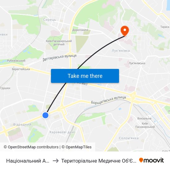Національний Авіаційний Університет to Територіальне Медичне Об'Єднання Мвс України По Місту Києву map