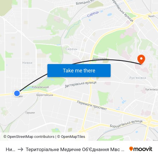 Нивки to Територіальне Медичне Об'Єднання Мвс України По Місту Києву map