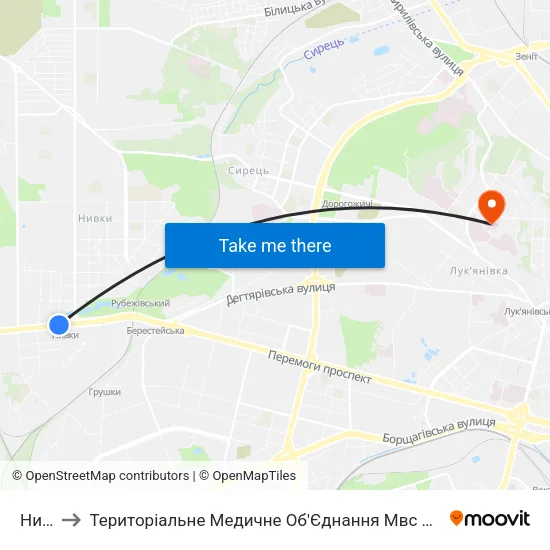 Нивки to Територіальне Медичне Об'Єднання Мвс України По Місту Києву map