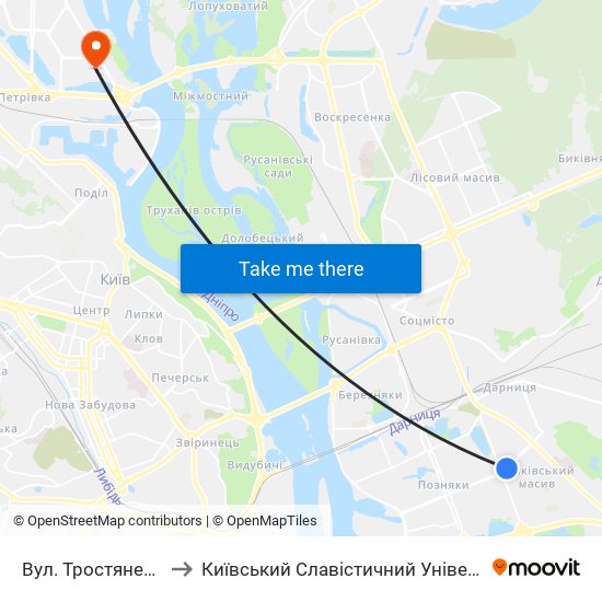 Вул. Тростянецька to Київський Славістичний Університет map