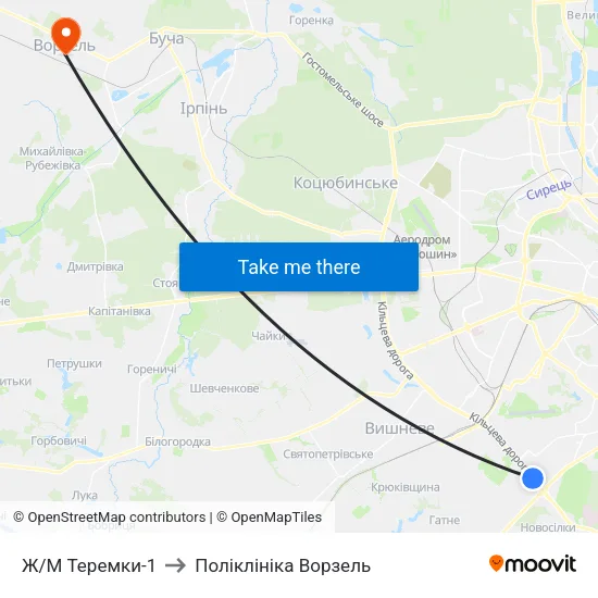 Ж/М Теремки-1 to Поліклініка Ворзель map