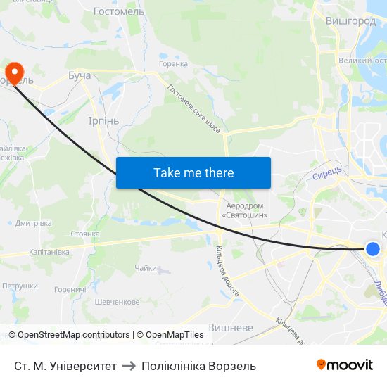 Ст. М. Університет to Поліклініка Ворзель map