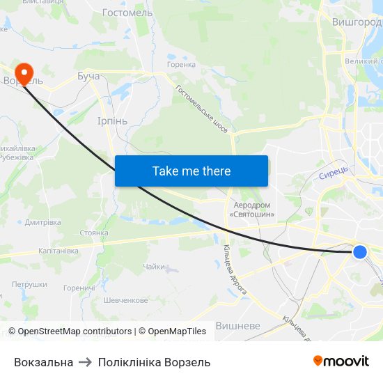 Вокзальна to Поліклініка Ворзель map