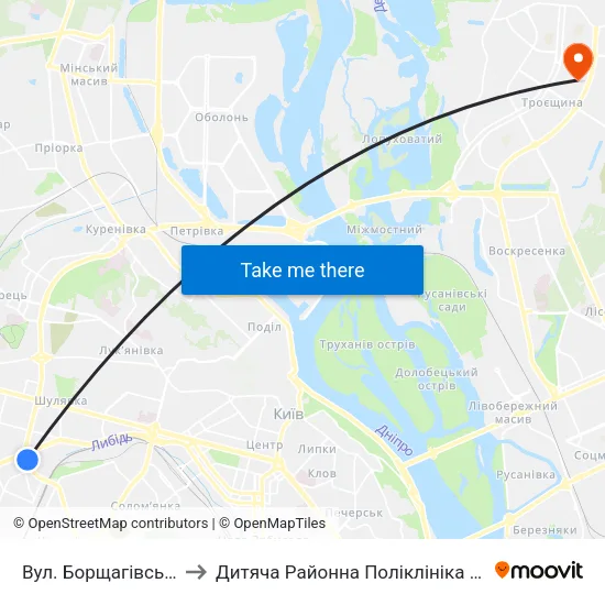 Вул. Борщагівська to Дитяча Районна Поліклініка №1 map