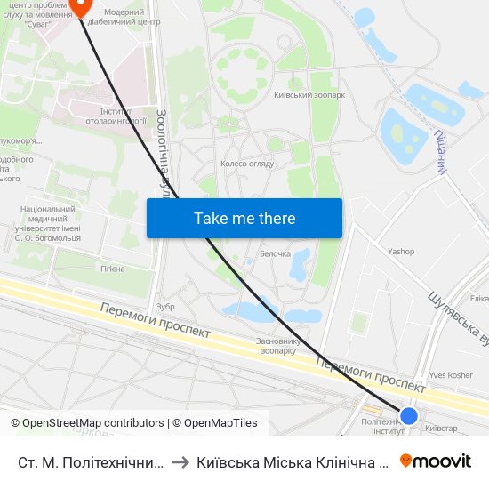 Ст. М. Політехнічний Інститут to Київська Міська Клінічна Лікарня №14 map