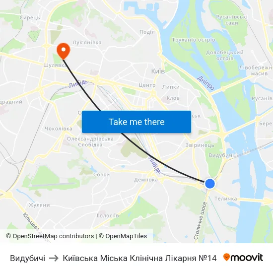 Видубичі to Київська Міська Клінічна Лікарня №14 map