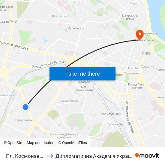 Пл. Космонавтів to Дипломатична Академія України map