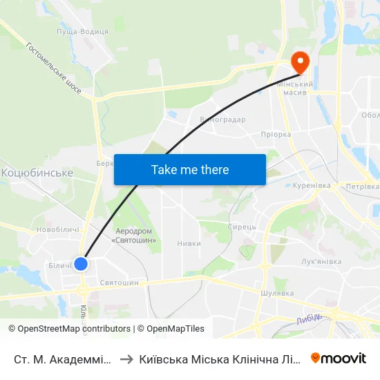 Ст. М. Академмістечко to Київська Міська Клінічна Лікарня №8 map