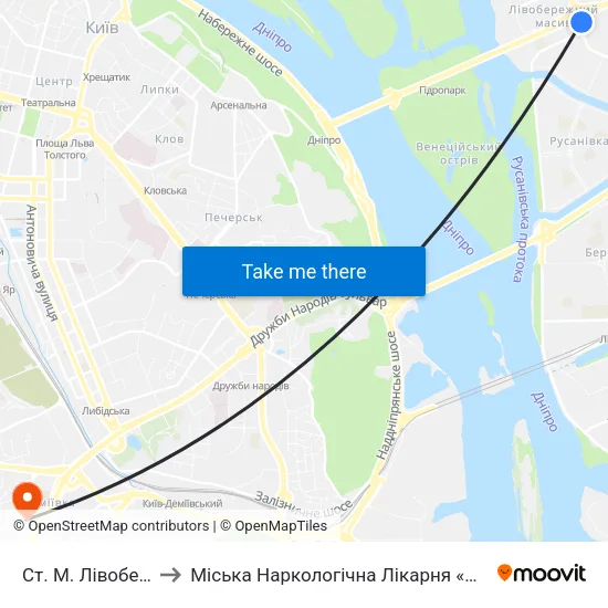 Ст. М. Лівобережна to Міська Наркологічна Лікарня «Соціотерапія» map
