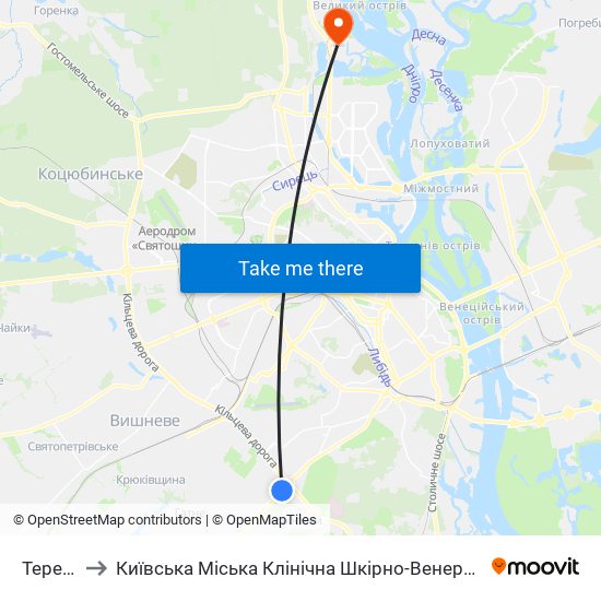 Теремки to Київська Міська Клінічна Шкірно-Венерологічна Лікарня map