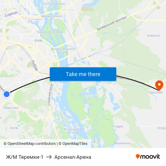 Ж/М Теремки-1 to Арсенал-Арена map