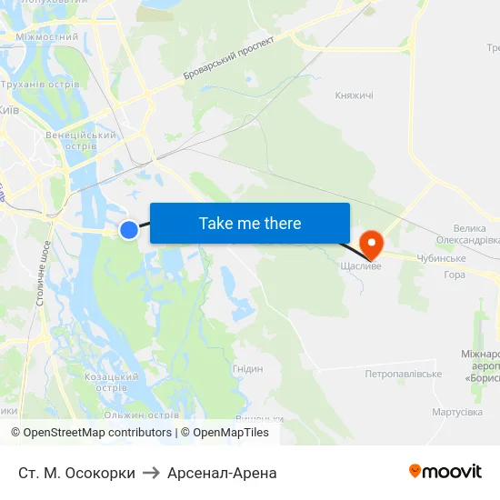 Ст. М. Осокорки to Арсенал-Арена map