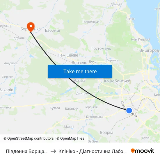 Південна Борщагівка to Клініко - Діагностична Лабораторія map