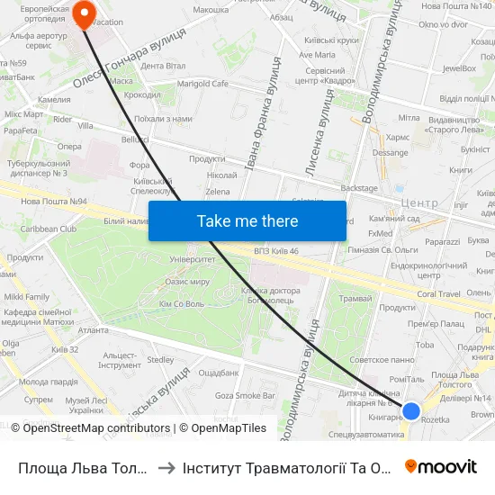 Площа Льва Толстого to Інститут Травматології Та Ортопедії map