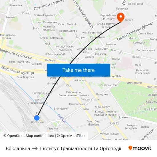 Вокзальна to Інститут Травматології Та Ортопедії map