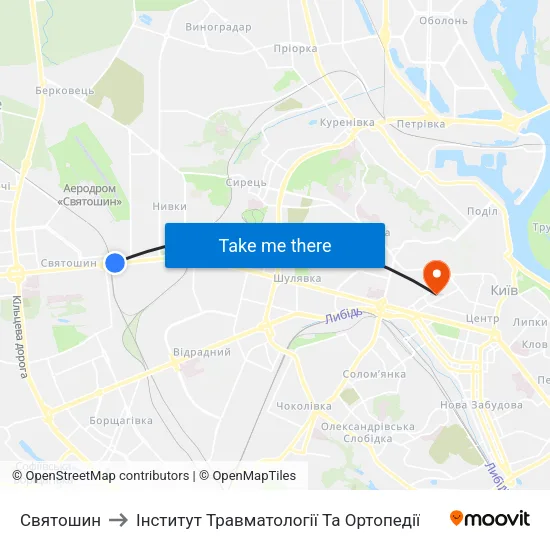 Святошин to Інститут Травматології Та Ортопедії map