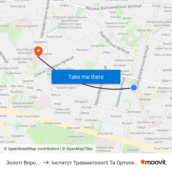 Золоті Ворота to Інститут Травматології Та Ортопедії map