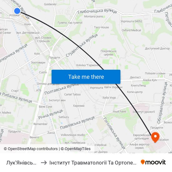 Лук'Янівська to Інститут Травматології Та Ортопедії map