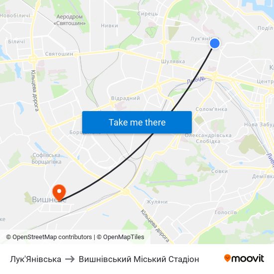 Лук'Янівська to Вишнівський Міський Стадіон map