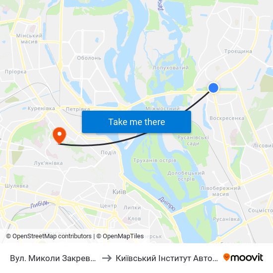 Вул. Миколи Закревського to Київський Інститут Автоматики map