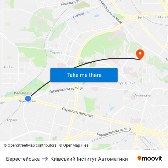 Берестейська to Київський Інститут Автоматики map