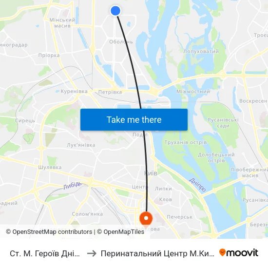 Ст. М. Героїв Дніпра to Перинатальний Центр М.Києва map